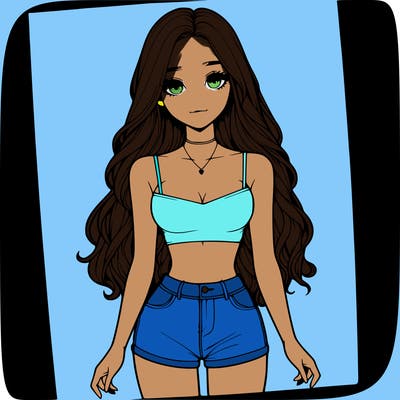 a realistic girl with long hair and in a crop top and shprts