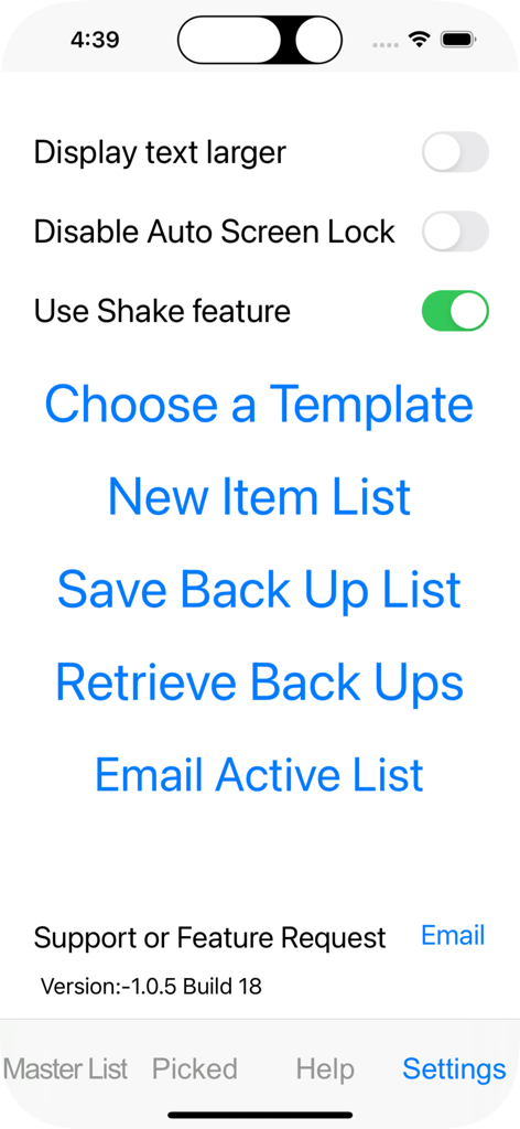 Picking List - Menu delle impostazioni dell'app Picking List che mostra opzioni per testo più grande e modelli di gestione delle liste.