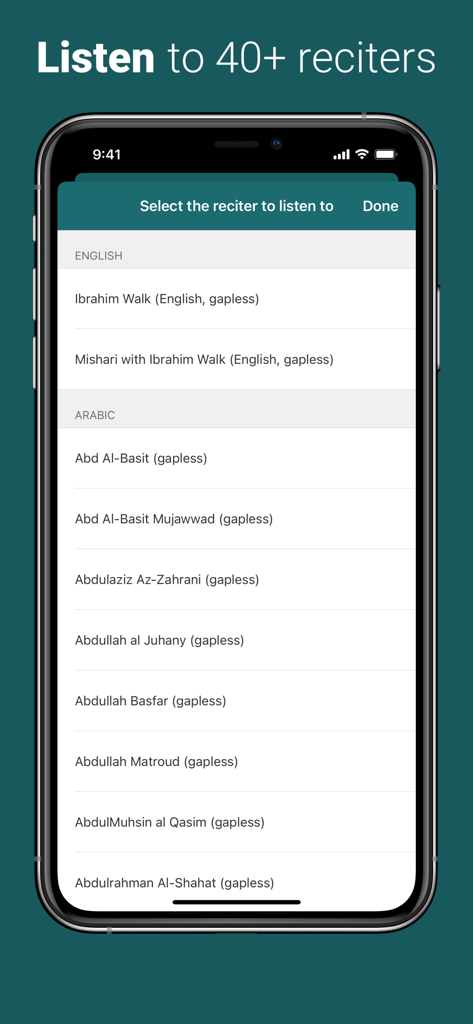 Interface of the Quran app showing a selection list of over 40 Quran reciters in English and Arabic