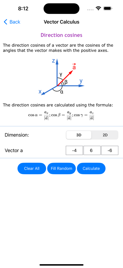 Math Solver Pro - Oberfläche der Mathe-Löser Pro App, die einen Rechner für Richtungsparallelitäten der Vektorrechnung mit einem 3D-Koordinatendiagramm und mathematischen Formeln zeigt.
