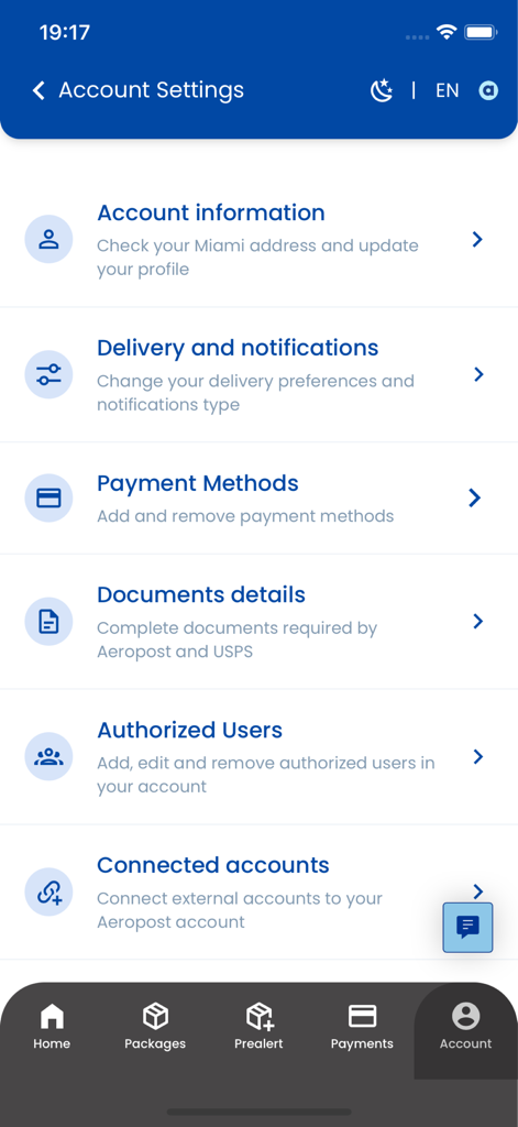 Aeropost - Pantalla de configuración de cuenta de la aplicación Aeropost que muestra la gestión de perfil, métodos de pago y preferencias de entrega