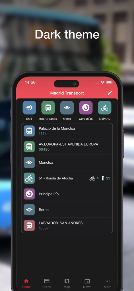 Madrid Transport app interface showing dark theme with public transit stops and icons for bus, metro, and bike sharing.