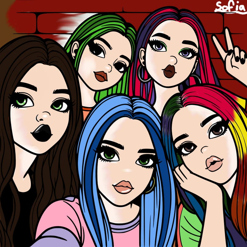 group of teen girls friends y2k up close in a selfie