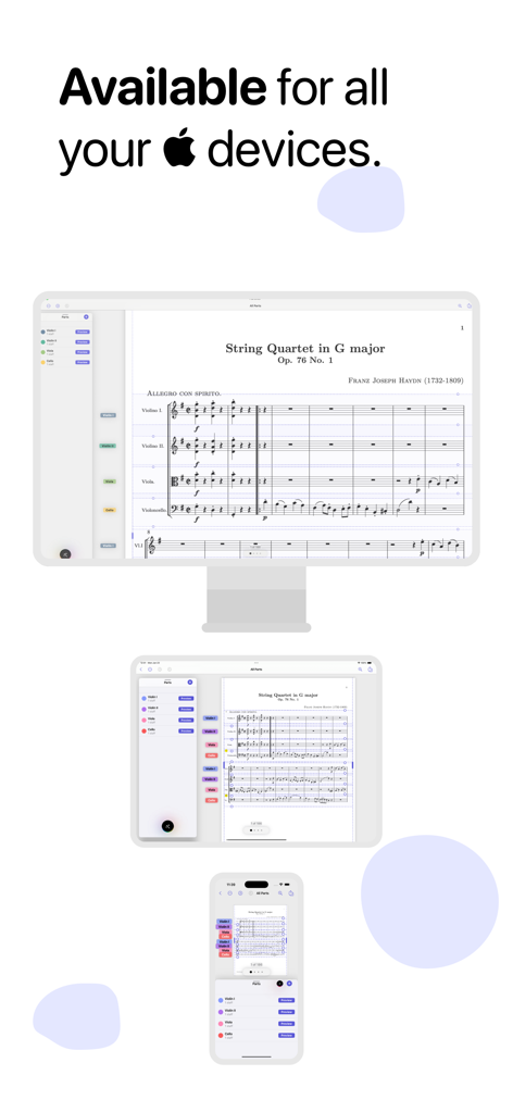 Partifier: extract score parts - Partifier music score extraction app displayed on Mac iPad and iPhone