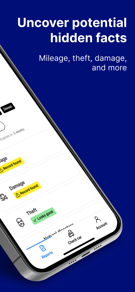 carVertical: Check Car History - Interface da aplicação móvel carVertical exibindo registos de histórico de veículo para danos e quilometragem