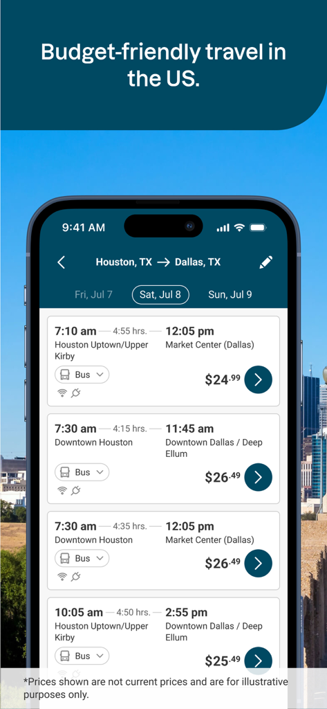 La app de Greyhound muestra los resultados de búsqueda de viajes en autobús de Houston a Dallas con horarios de salida y precios.