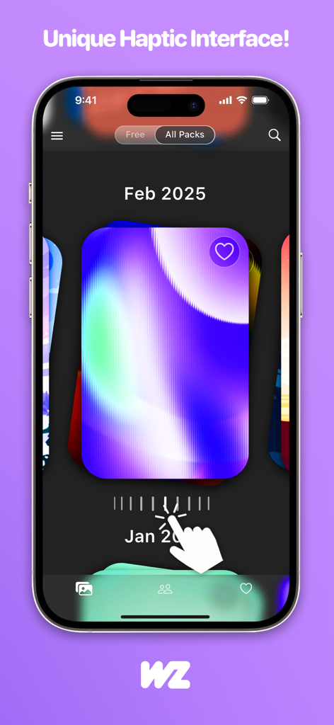 WallpaperZ - 8K Wallpapers - iPhone-Bildschirm mit der einzigartigen haptischen Benutzeroberfläche der WallpaperZ-App mit einem abstrakten Hintergrundbild-Design