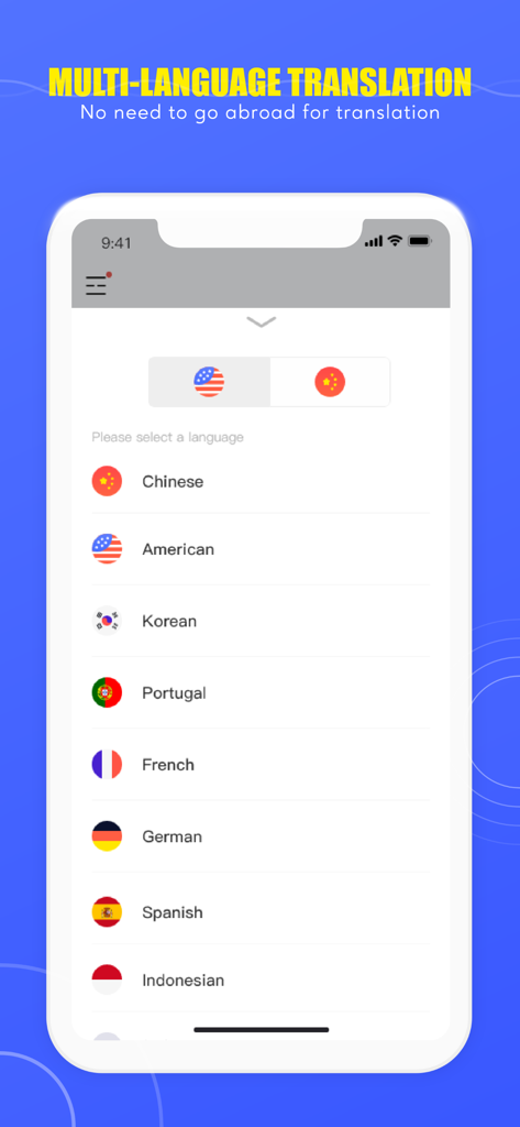 Interface of SpeakTranslator app showing a list of available languages for translation including Chinese English and Korean