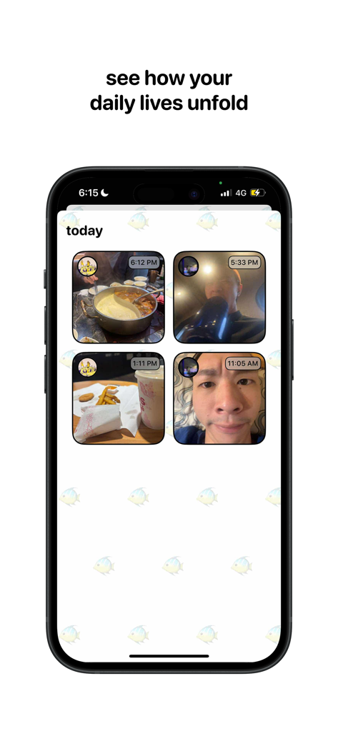 PicPet - PicPet app screen displaying a daily feed of photos shared by friends including food and selfies