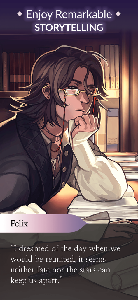 Fictif: Interactive Romance - Interactive visual novel scene featuring character Felix in a library setting