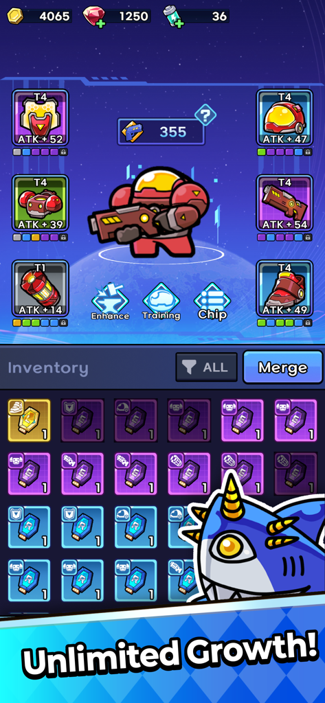 Wiggle Defender game equipment and inventory screen with character upgrades and loot items