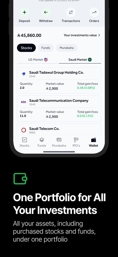 Awaed - Invest & Trade - Awaed mobile app screenshot showing a combined portfolio of Saudi and US stock investments