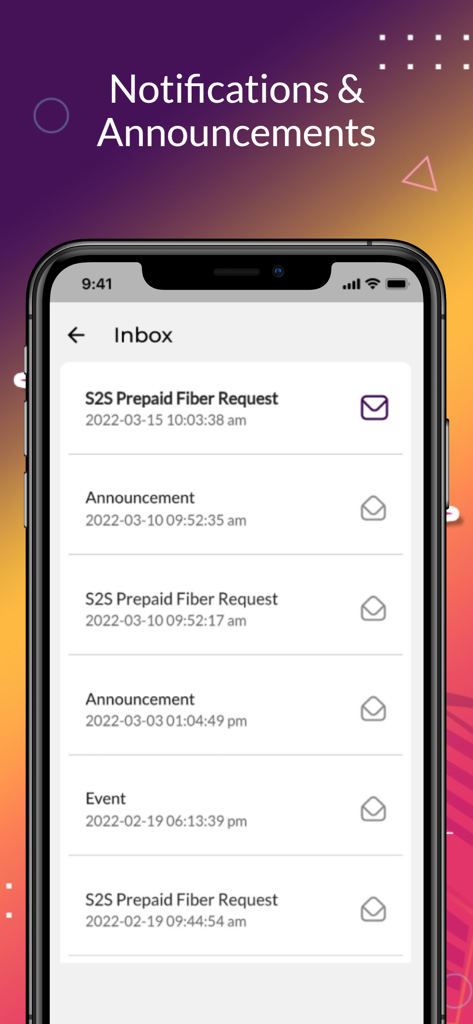 SurfCoins - SurfCoins app inbox screen showing notifications for prepaid fiber requests and community announcements