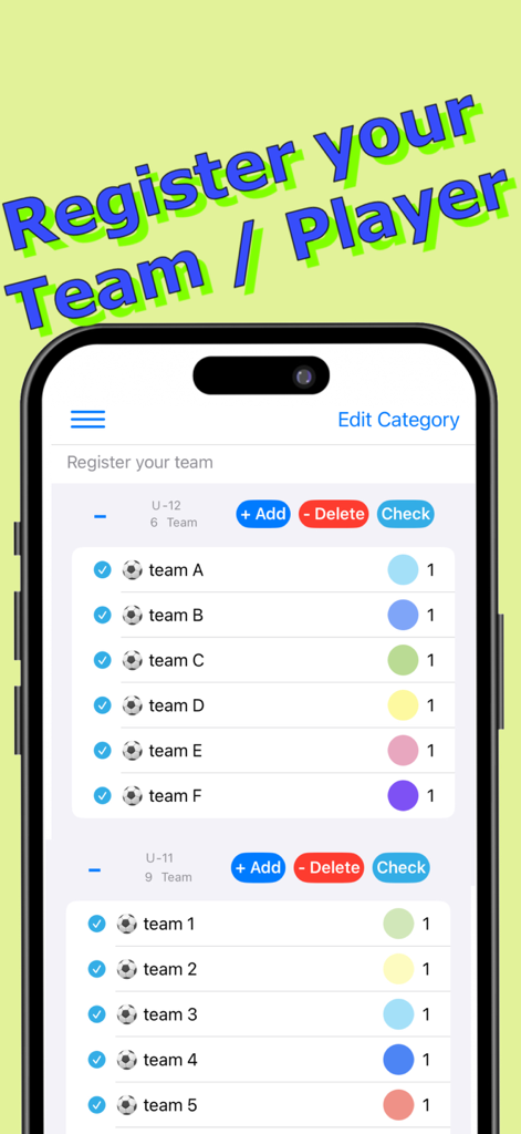 Smartphone screen showing the registration interface for sports teams and players divided by age categories.