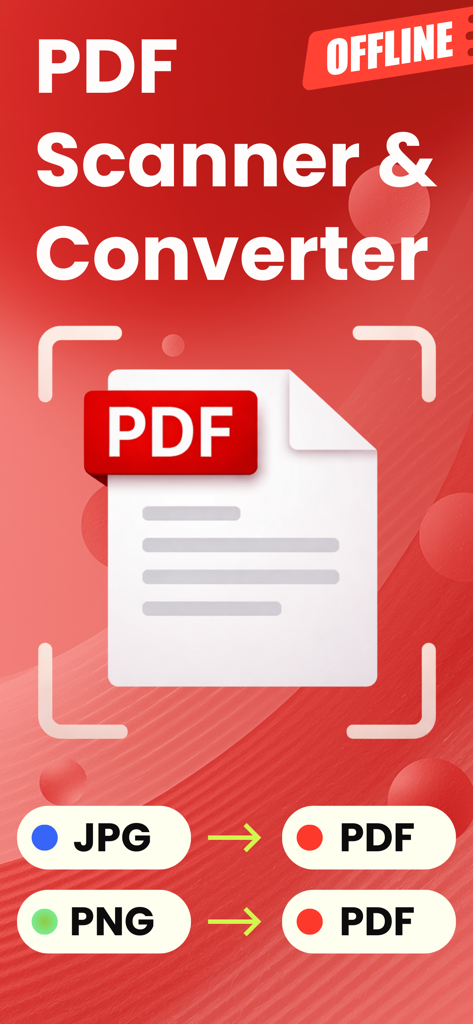 PDF Scanner: Scan Documents AI - PDFスキャナーおよびコンバーターアプリのインターフェイス。オフラインモードとJPGまたはPNGからPDFへの変換機能が表示されています。