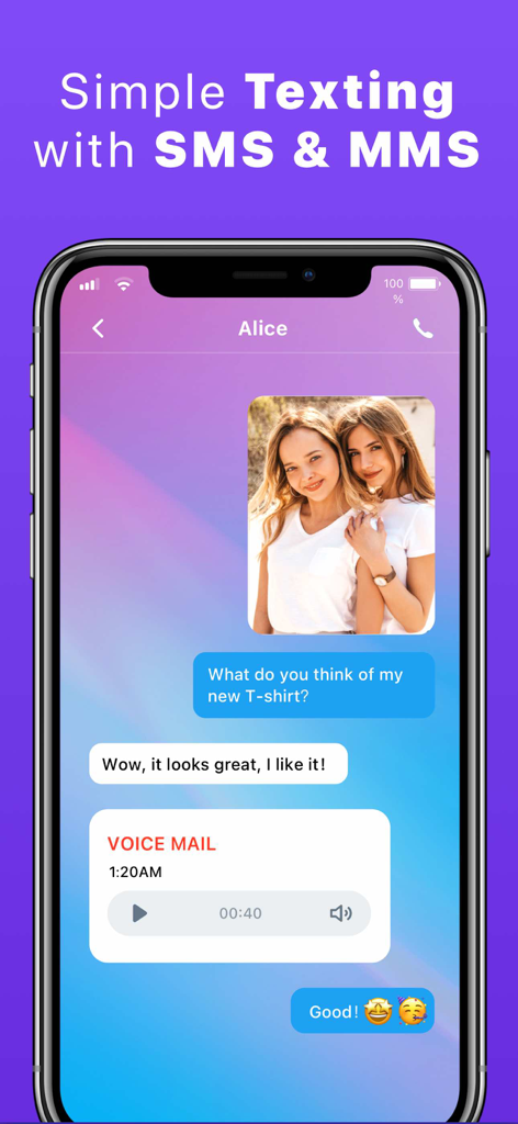 Text App: Wifi Calling+Texting - Interfaz de chat de SMS y MMS de la aplicación móvil mostrando una conversación con intercambio de fotos y un reproductor de correo de voz integrado.