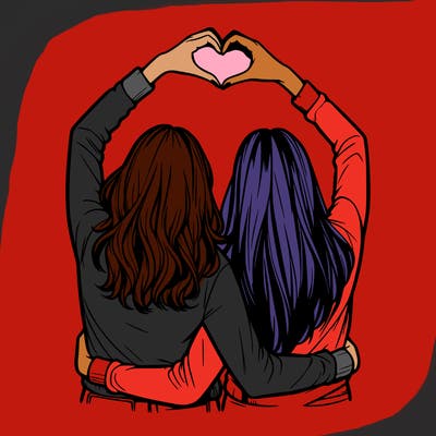 two friends with their backs turned and their hands in a heart realistic