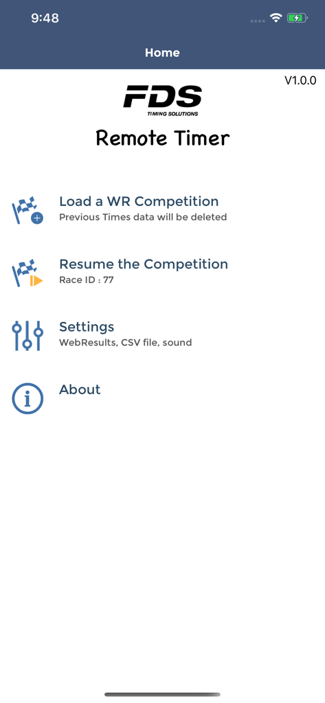FDS Remote Timer - Main menu of the FDS Remote Timer app showing options to load or resume sports competitions and access settings