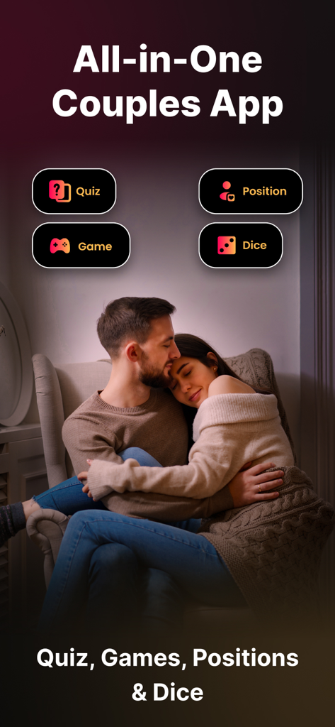 Couple Questions Games: SpicyQ - Aplicación todo en uno para parejas SpicyQ que presenta cuestionarios, juegos, posiciones y dados con una pareja romántica abrazándose