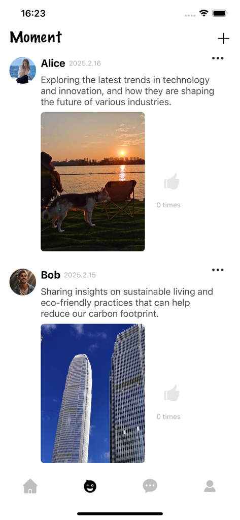 Chattr-Live Video, Chat - The Moments feed of the Chattr app showing travel updates and photos from international friends