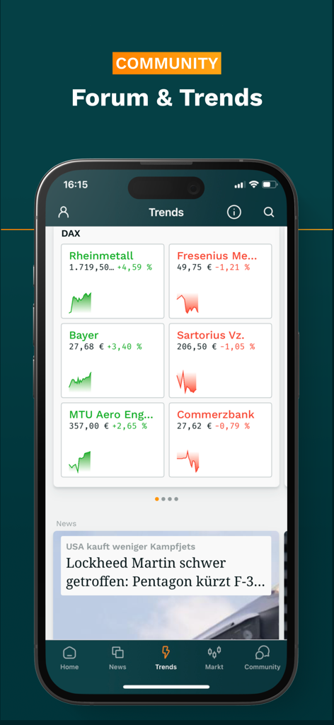 wallstreet online Stock Market - Wallstreet Online mobile app trends view showing DAX stock market data