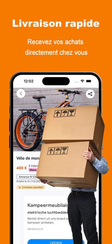 Interfaz de la aplicación Anuncios en Francia que muestra el servicio de entrega rápida a domicilio para artículos comprados a través de anuncios clasificados.