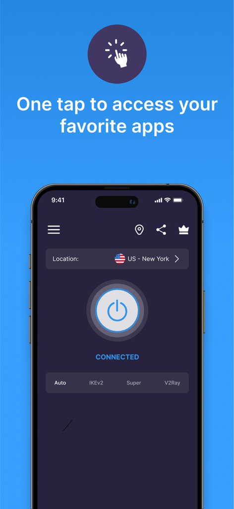 ワンタップ機能で米国ニューヨークサーバーに接続されたVPNアプリを示すスマートフォンの画面