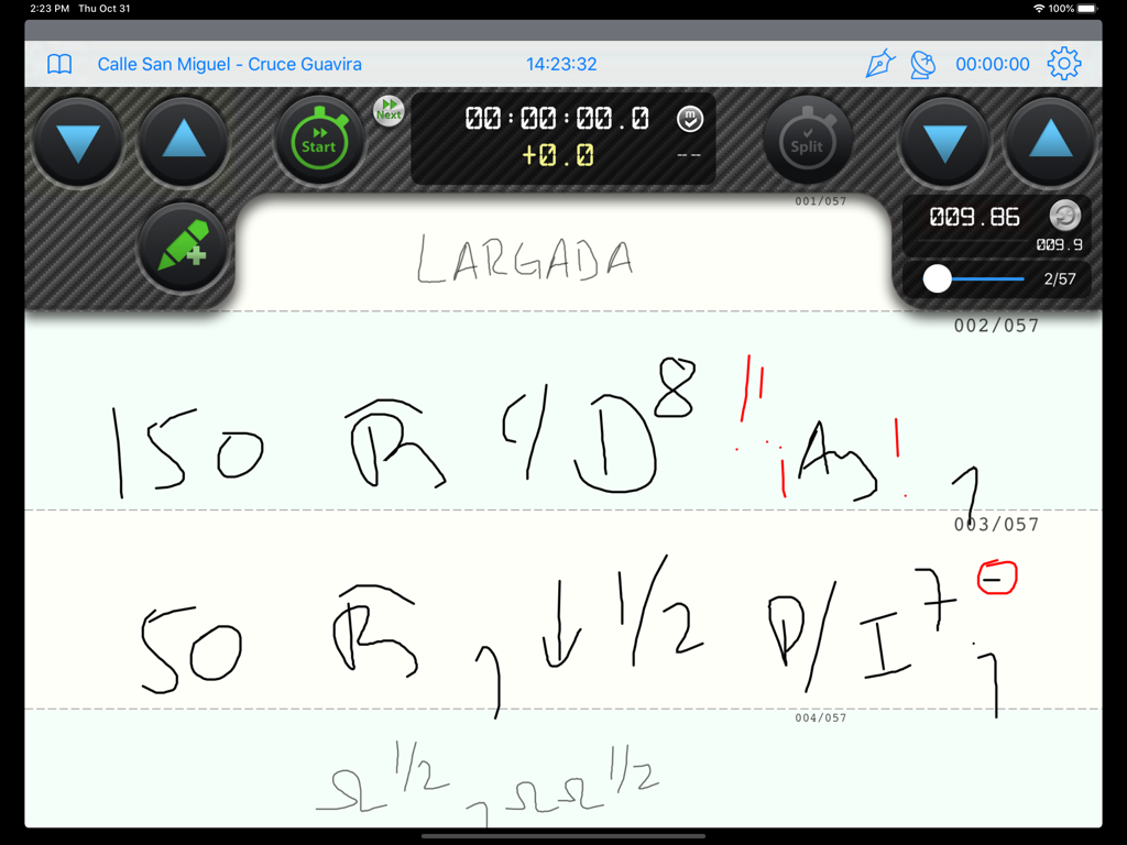 iNotebook pro by iCodriver - Digital rally pace notes interface with handwritten shorthand and timing controls on an iPad
