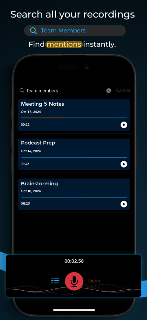 Smart Voice Recorder - Offline - Smart Voice Recorder interface showing search results for team members within audio recordings