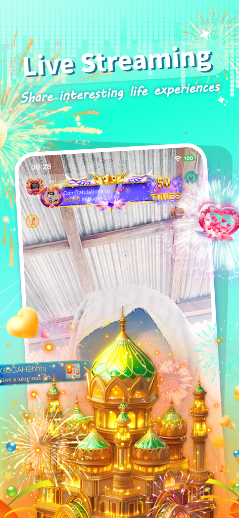 Gameta app live streaming interface with a golden palace and festive fireworks