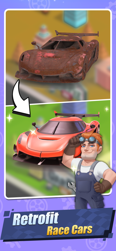 Car Fix Inc - Mechanic Garage - Before and after comparison of a rusty supercar restored into a shiny red race car with a mechanic character.