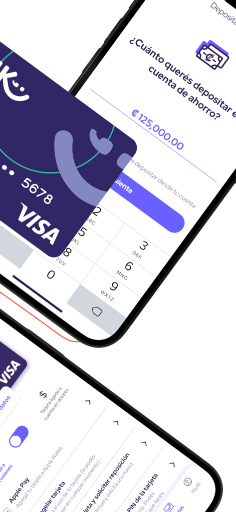 Wink mobile banking app interface showing savings deposit screen and Visa debit card