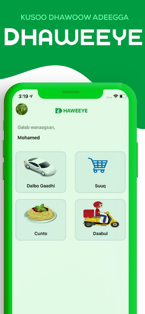 Dhaweeye - Dhaweeye app home screen showing ride hailing market food and delivery options