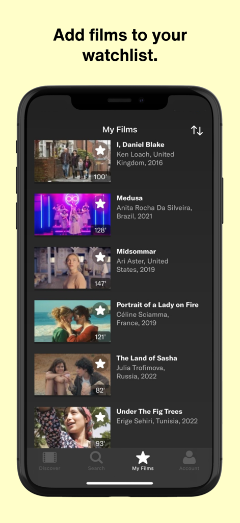 filmingo Arthouse Streaming - The My Films section of the filmingo app displaying a curated movie watchlist.