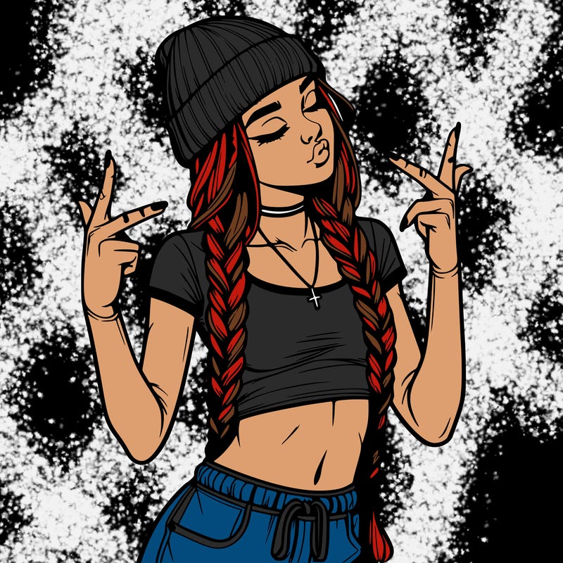 realistic teenage girl with braids and a beanie and crop top doing 🫶🏼