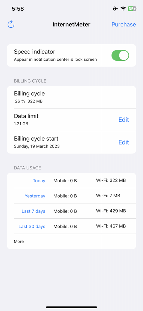 InternetMeter & speed monitor - 速度インジケータトグル、請求サイクル進行状況、モバイルとWi-Fiのデータ使用量の内訳を表示するInternetMeterアプリのメインダッシュボード。