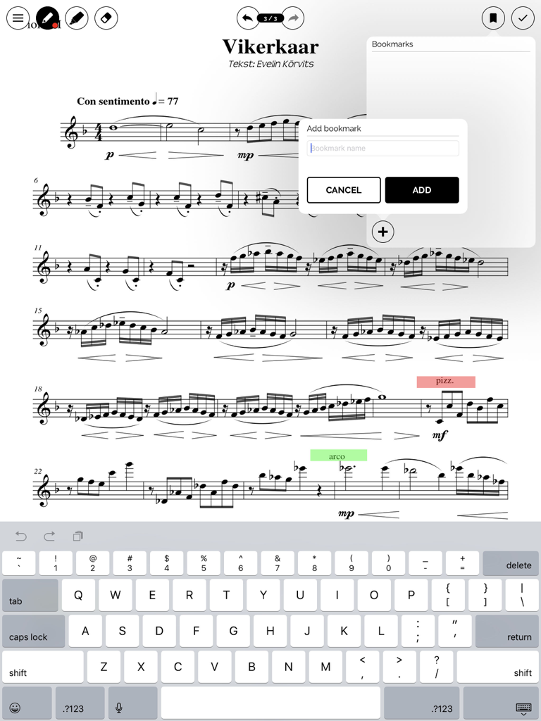 Scoremusic - iPad screenshot of Scoremusic app showing digital sheet music with a bookmark creation popup and on-screen keyboard