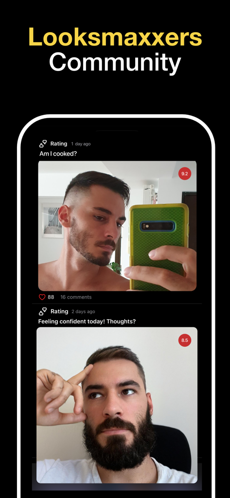 Social feed of the Looksmaxxing app showing user selfies with facial ratings and comments