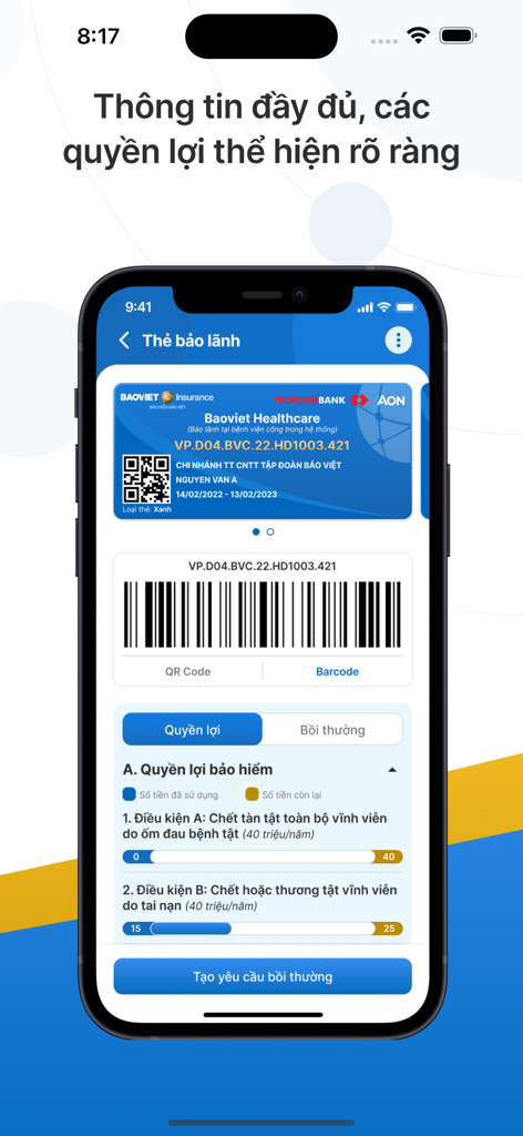 Interface of Baoviet Direct app displaying a digital insurance card with QR code and progress bars for insurance benefits.