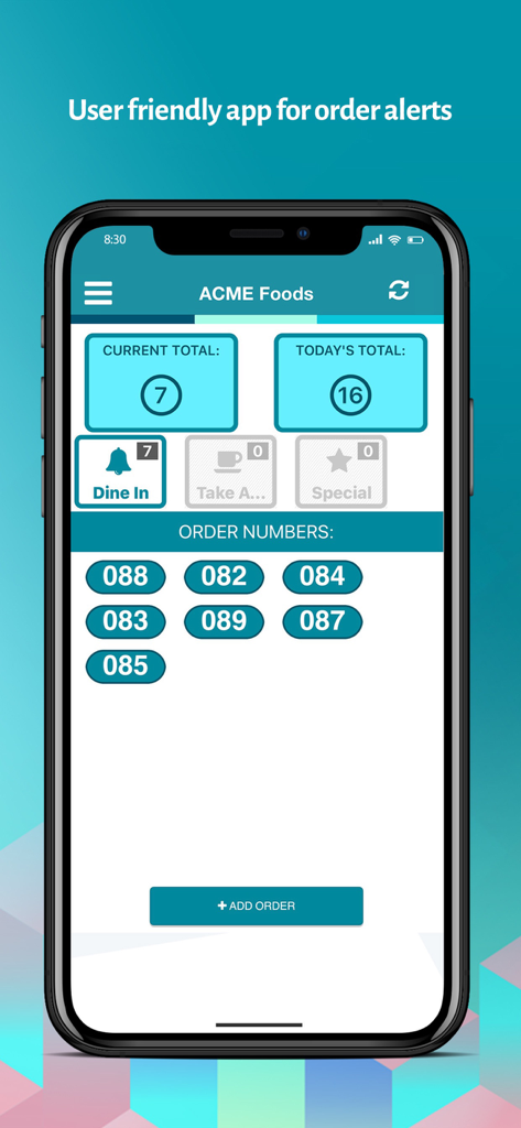 Interface mobile de l'application OrderReady affichant les numéros de commande actifs et les totaux de l'entreprise