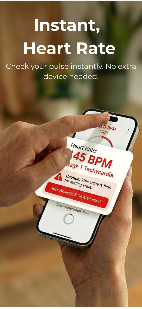 Blood Pressure Monitor, Log - Una persona midiendo su frecuencia cardíaca colocando un dedo sobre la lente de la cámara del smartphone