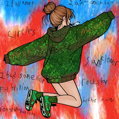 realistic girl jumping with a bun and oversized sweatshirt