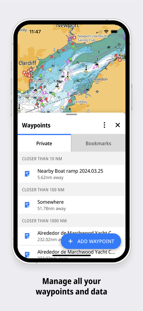 A mobile interface for the Lowrance app showing a marine navigation map with a pop-up list for managing fishing waypoints and boat ramps.