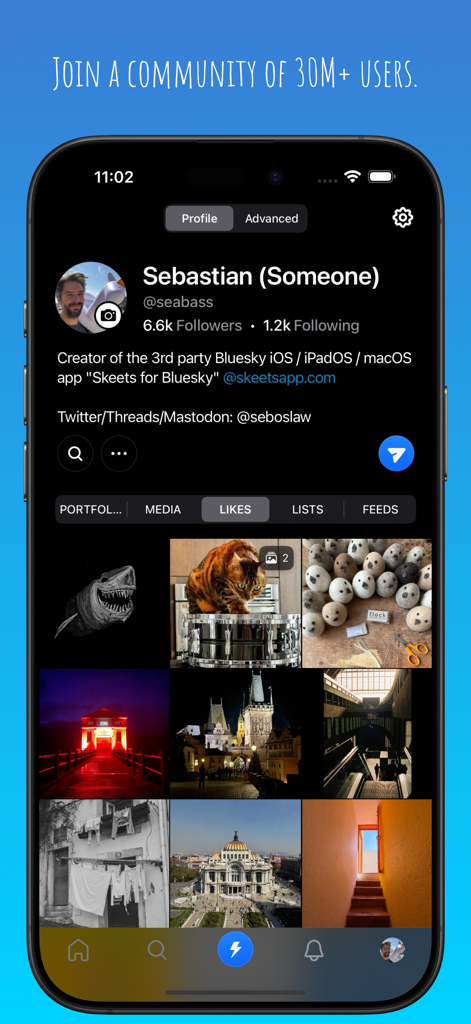 Flashes for Bluesky - Interface of the Flashes for Bluesky app showing a creator profile with a curated photo grid portfolio