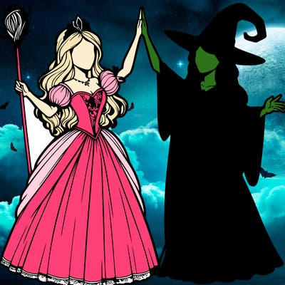 detailed realistic split of a princess and a witch