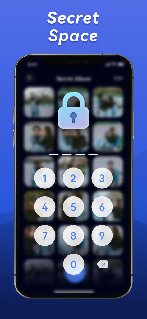 Instant Cleaner -Clean Storage - Smartphone screen showing the Secret Space feature with a numeric passcode entry and a padlock icon to protect private photos.