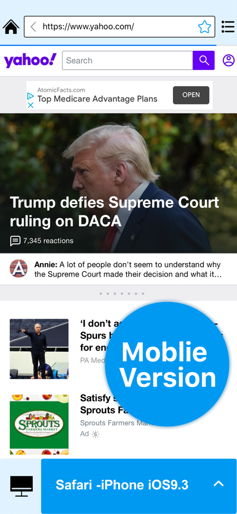 Desktop PC Browser - Desktop PC Browser app showing a website in mobile version with a user agent selection bar at the bottom
