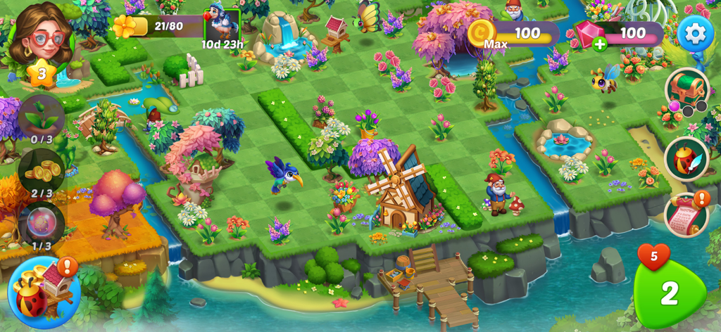 Eine bunte magische Gartenszene in Fairyland Merge and Match mit Blumen, einer Windmühle und fliegenden Kreaturen.