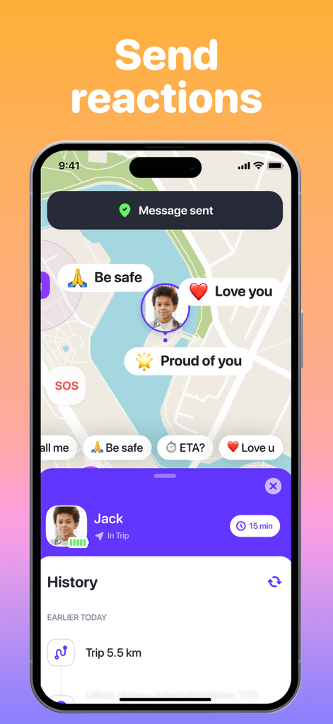 Famio: Find My Family, Friends - Schermata dell'app mobile che mostra il tracciamento della posizione familiare con reazioni rapide sulla mappa come Ti voglio bene e Stai al sicuro