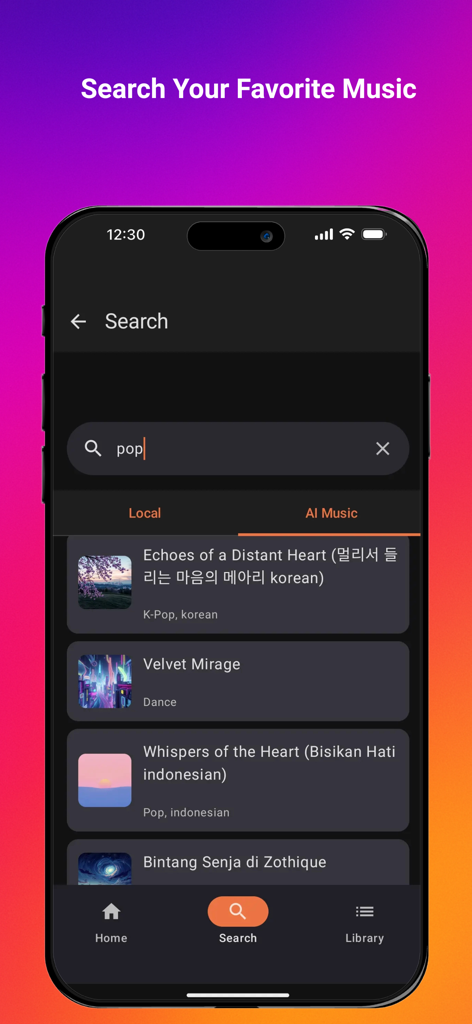 AI Music & Songs Maker - Soun app screenshot showing the search interface for AI-generated music with a list of pop and dance songs